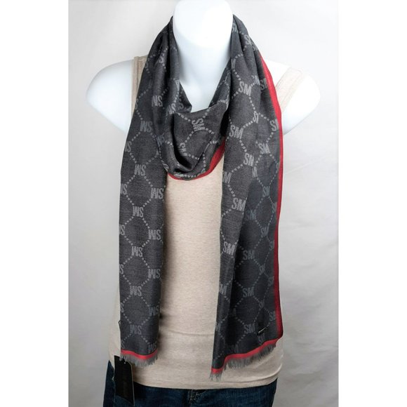 Steve Madden Scarf Charcoal w/Red Trim 'SM' Initials NWT 38" Long - Picture 2 of 6
